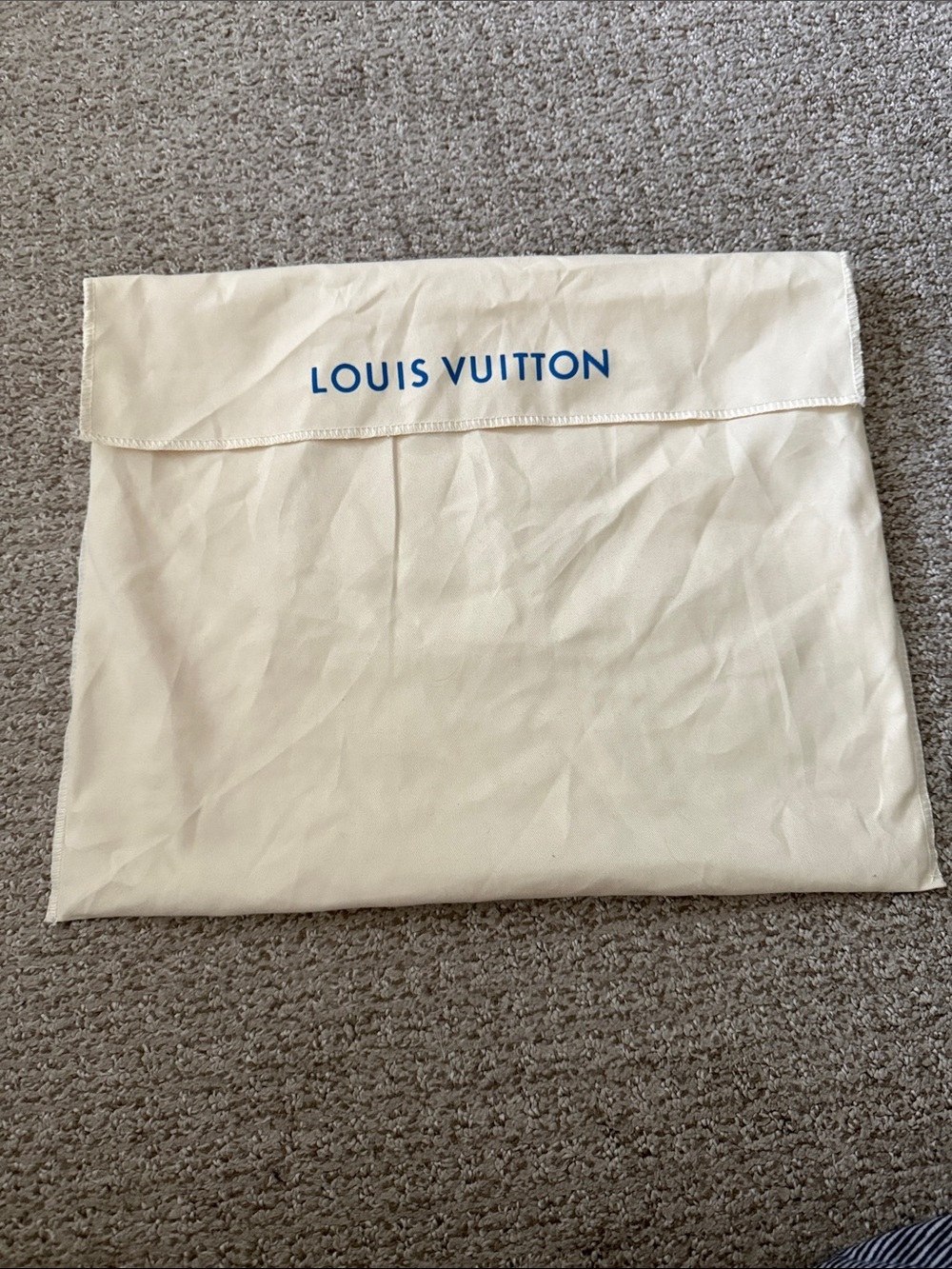 Louis Vuitton Cream Dust Bag with Blue Logo Text